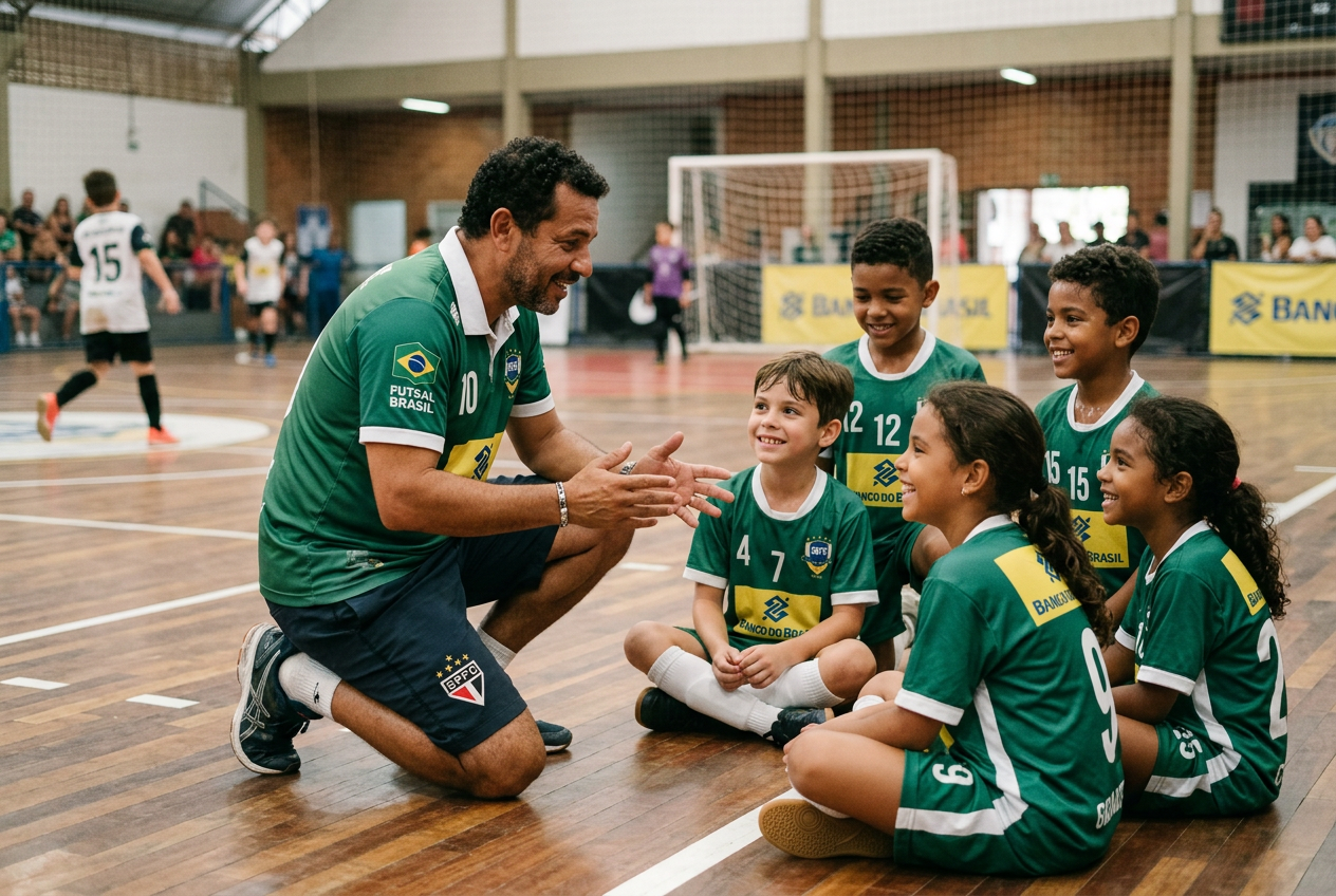 Professor de futsal conversando com um grupo de alunos na quadra